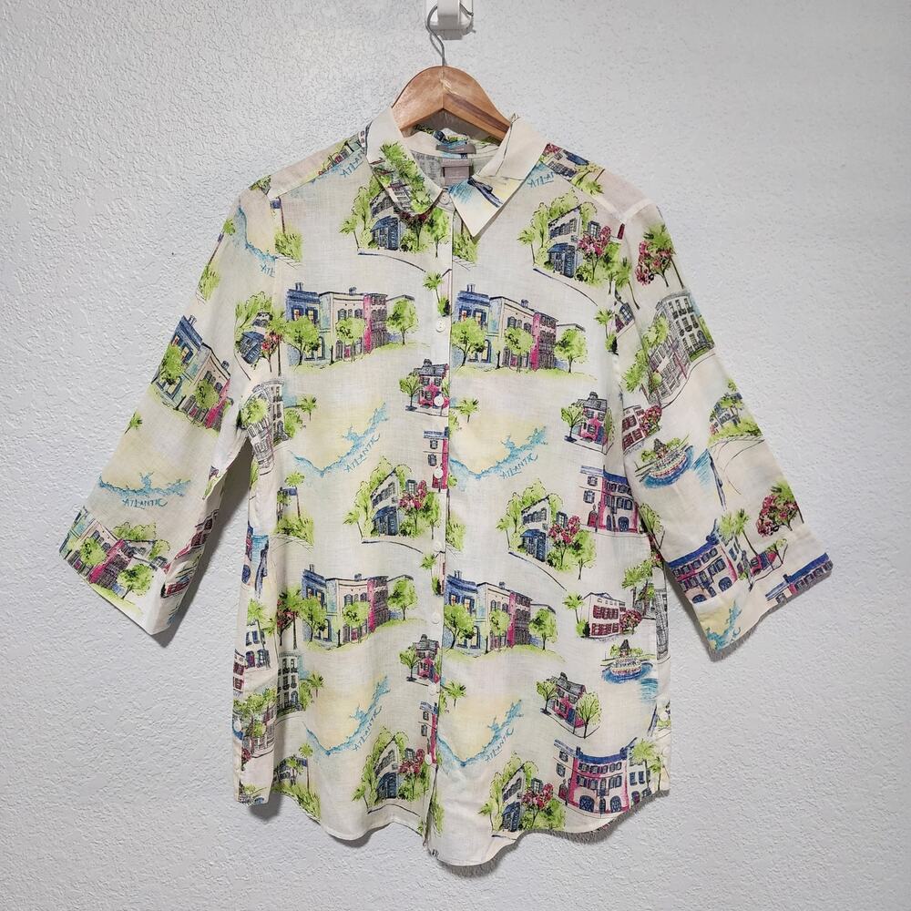 Chicos No Iron Linen Coastal Town Print Button Down Shirt Large Novelty Print